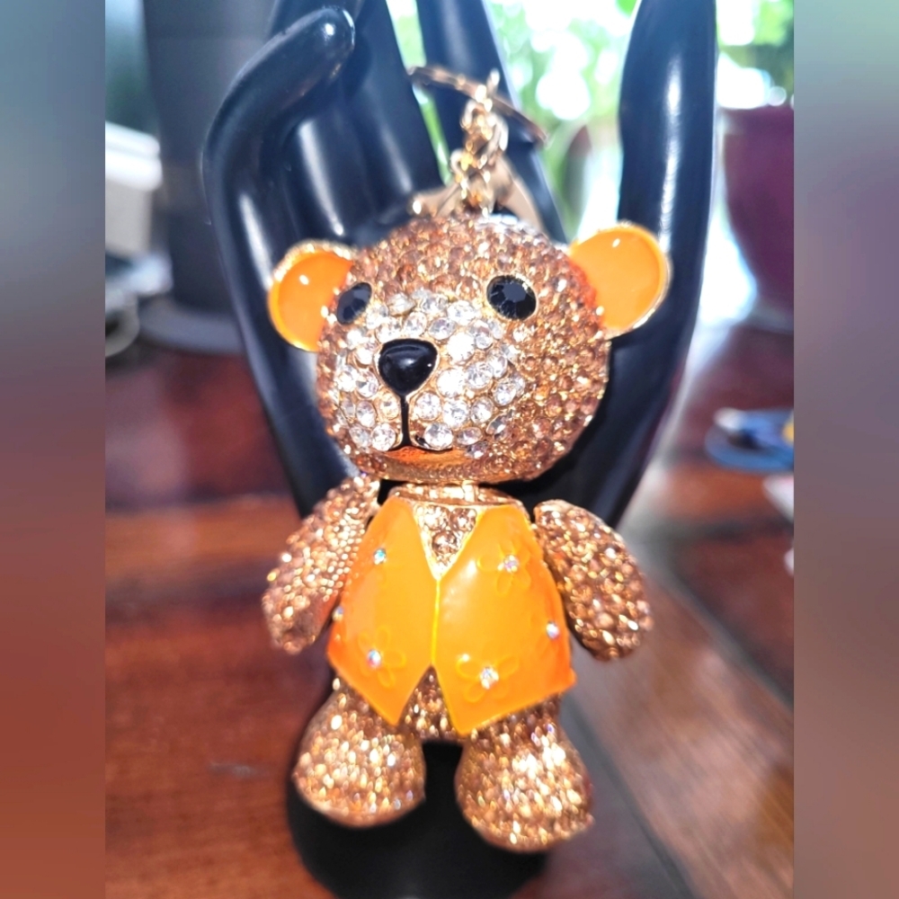 Sparkling Bear Bag Charm with Orange Accents Large